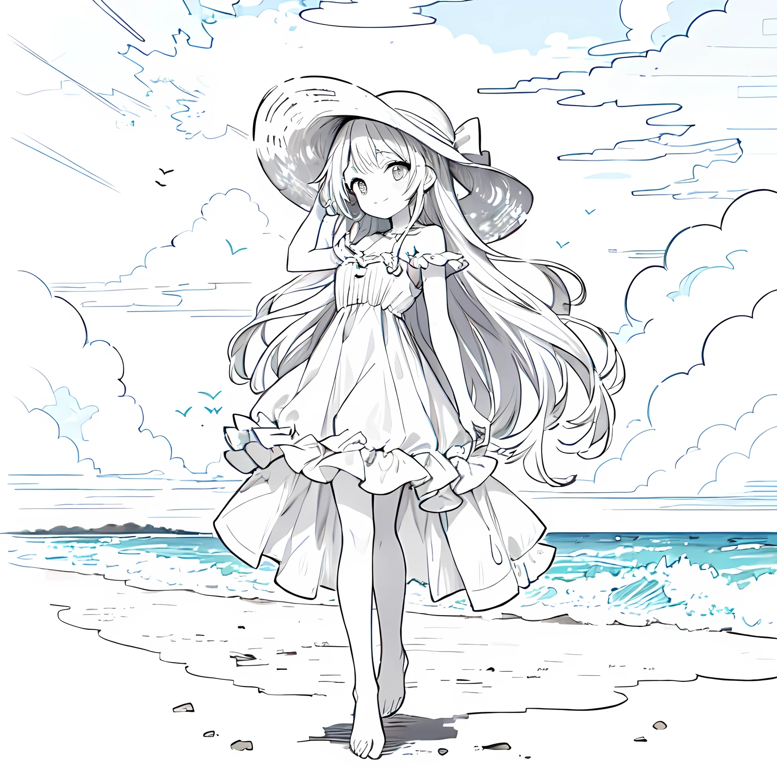 Line art background, background, Monochrome, Line art, ((sketch)),Highest , 2. Colorinochrome、 quality,masterpiece,monochrome,Lineart,single color,Create a detailed coloring page,（masterpiece）、(highest quality)、Beautiful breasts、Create a detailed coloring page of amazing beaches、Looking up from below,smile,Create a detailed coloring page of Standing on the beach 、barefoot、Big hat、summer、Cool dress、Create a detailed coloring page of Some Small Clouds Floating,Drawing with lines only、