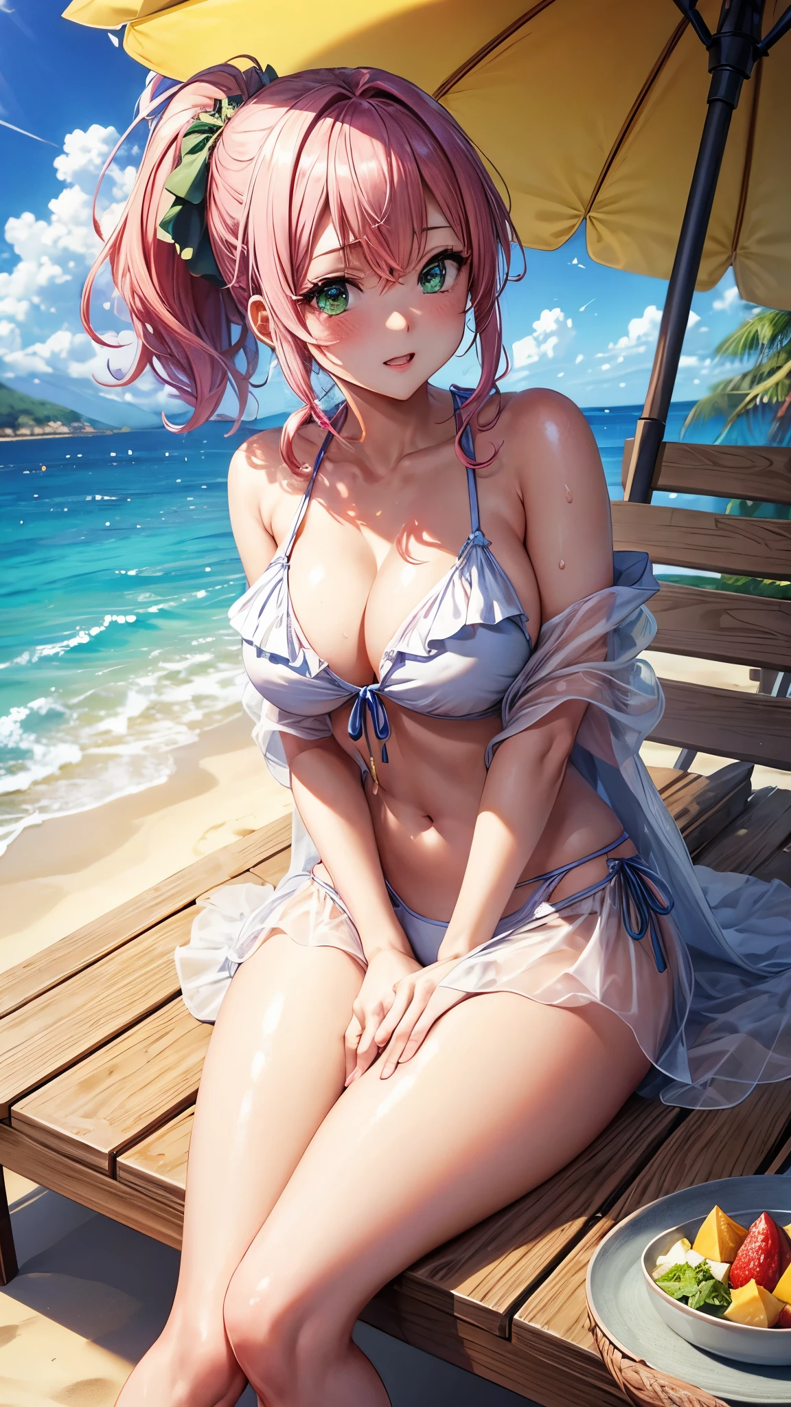 (highest quality)), ((masterpiece)), (Familiar), Perfect Face,Shiny skin,Beautiful breasts,Kyoto Animation style drawing,Shiny skin、Swimwear、hoodie、Sunburned skin、Sweat、Off the shoulder、Double teeth、Emerald green eyes
、Short Hair、ponytail、Pink Hair、Young、Big Breasts、Embrace、Beach、Sandy Beach、Sunshine、summer、dark skin、close、near、Parasol、Recliner、juice、See-through