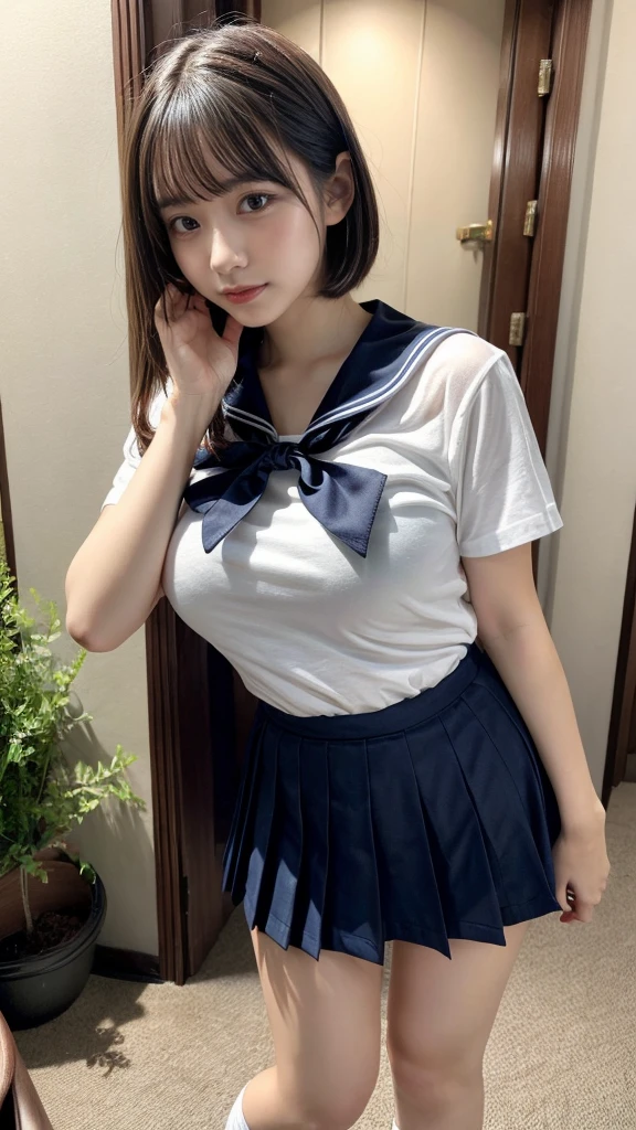 muste piece, best quality, illustration, Super detailed, fine details, High resolution, 8K,wall paper, perfect dynamic composition,(Details High quality, realistic depiction of eyes:1.3), short hair, Black Sailor Uniform, serafuku, Navy pleated skirt, huge breasts, black hair color, Big Natural Color Lip, bold sexy pose, crying a little、 Harajuku style、20 year old girl、cute type、ta、beautiful legs, hotel room, full body photo、focus on crotch, hposing Gravure Idol