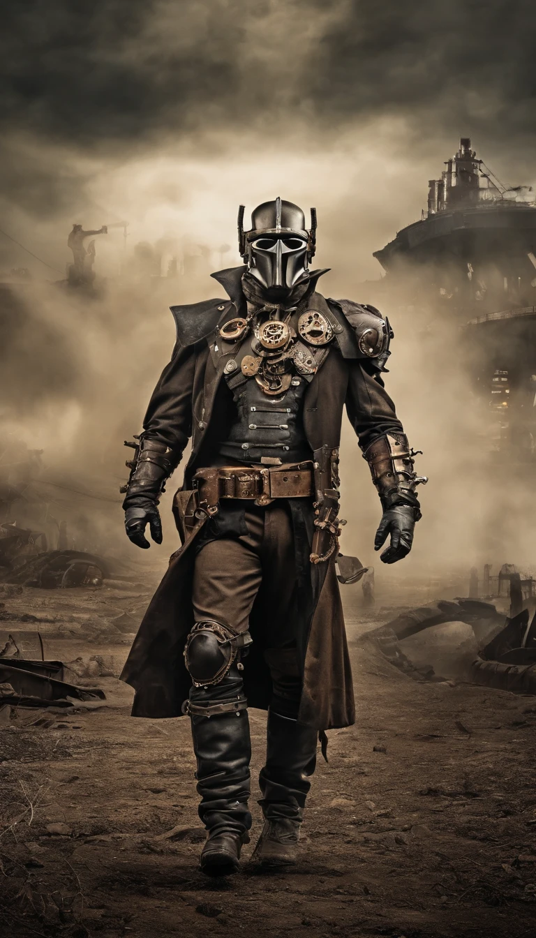 a postapocalyptic cyberpunk batman, dystopian borderlands landscape, steampunk outfit, detailed face and body, dramatic lighting, cinematic composition, muted color palette, gritty textures, volumetric fog, shiny metal mechanical parts, worn leather and fabric, dramatic pose, high contrast, moody atmosphere, cinematic depth of field, volumetric god rays, hyper detailed, photorealistic, 8K, masterpiece 