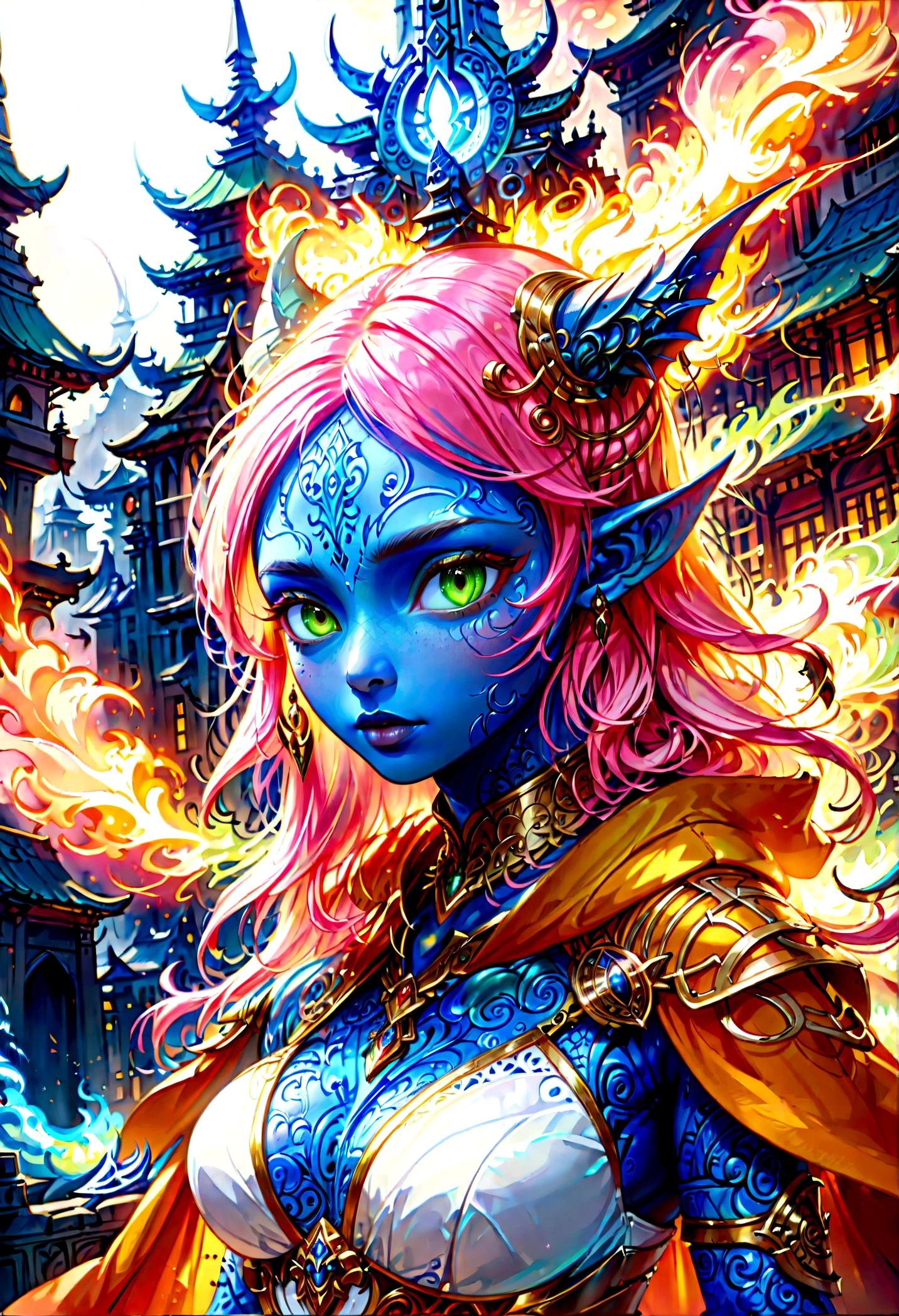 fantasy art, dnd art, RPG art, wide shot, (masterpiece: 1.4) a (portrait: 1.3) intense details, highly detailed, photorealistic, best quality, highres, portrait a female (fantasy art, Masterpiece, best quality: 1.3) ((blue skin: 1.5)), intense details facial details, exquisite beauty, (fantasy art, Masterpiece, best quality) cleric, (blue skinned: 1.3) female, (pink hair: 1.3), long hair, (no ears: 1.5), (green eyes: 1.3), armed with a fiery sword red fire, wearing (white armor: 1.3), wearing high heeled laced boots, wearing an (orange cloak:1.3), wearing glowing holy symbol GlowingRunes_yellow, within fantasy temple background, reflection light, high details, best quality, 16k, [ultra detailed], masterpiece, best quality, (extremely detailed), close up, ultra wide shot, photorealistic, RAW, fantasy art, dnd art, fantasy art, realistic art,((best quality)), ((masterpiece)), (detailed), perfect face,
