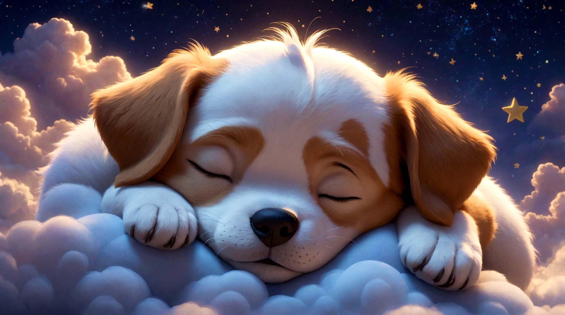Disney Pixar cartoon character, sleeping, closed eyes, puppy, cute sleeping,sleeping, in magical illuminated clouds, background with stars, magical glow, unreal engine rendering, 8k