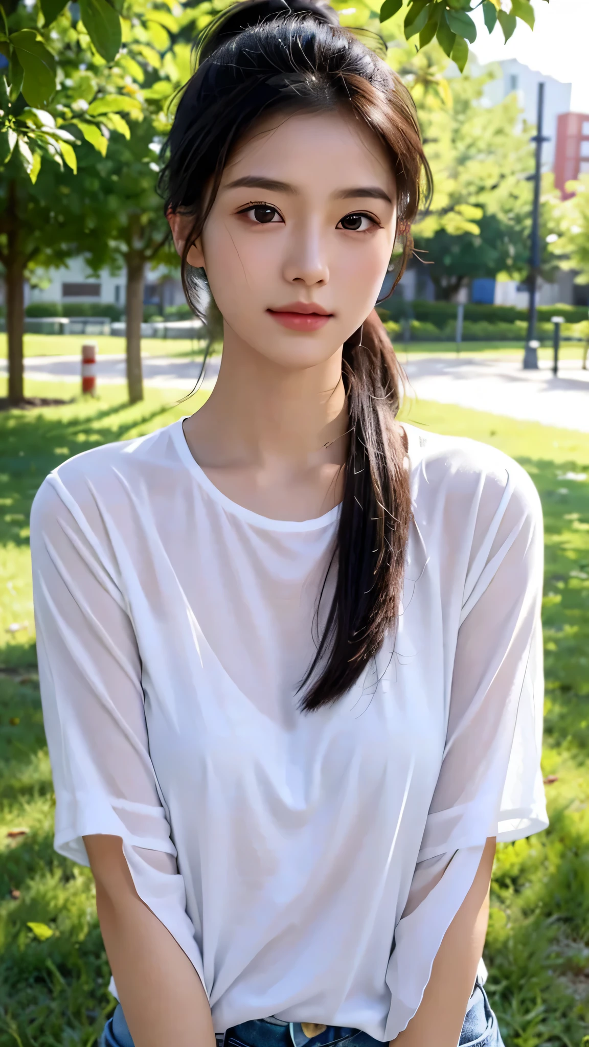 White shirt,jeans,outdoors,Urban Park,On the lawn,One woman,close up face,fully body photo,masutepiece, The highest image quality, High quality, the background is clear，Beautiful woman, Japanese, Detailed, Ultra-detailed, finely detail, hight resolution, 8K Wallpaper, Perfect dynamic composition, Beautiful detailed eyes ,Detailed eyes, Detailed skin, Beautiful skin, 超hight resolution, (reality: 1.4),Very beautiful woman, Slightly younger face, Beautiful skin, slender, (Ultra photo realsisim), (hight resolution), (8K), (Very detailed) (beautifully detailed eyes), (super detailed),   (Detailed face), view the viewer, Fine details, Detailed face, Staring straight ahead, Staring straight ahead, photos realistic, Bright lighting, Professional Lighting, Black hair,poneyTail,a baby face,sixteen years old,Hairstyle: ponytail,Long ponytail hairstyle,slight smile,