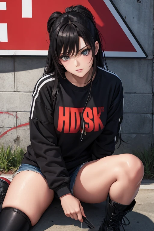 masterpiece, High resolution, screenshot, highest quality, 1 female, Maximum details, Black Hair, Beautiful Eyes, Clear Eyes, Stern expression, Red pupil in the eye, Sitting near the wall, Graffiti drawing, Black sweatshirt, Black boots, Blue shoelaces, black sweatpants with red stripes