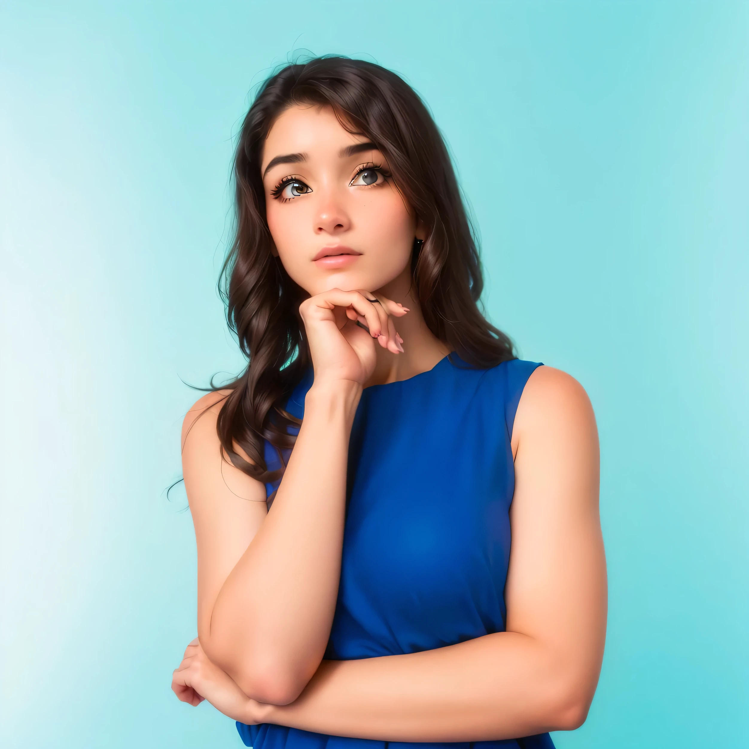 um close de uma mulher com um vestido azul posando para uma foto, parecendo confuso, jovem olhando para cima, she has a distant expression, imagem de perfil, photo from a promotional shoot, foto de jovem, Imagem retrato, pose pensativa, promo image, pose de pensamento, head and shoulders photography, foto promocional, foto de retrato, Foto de uma mulher, worried expression