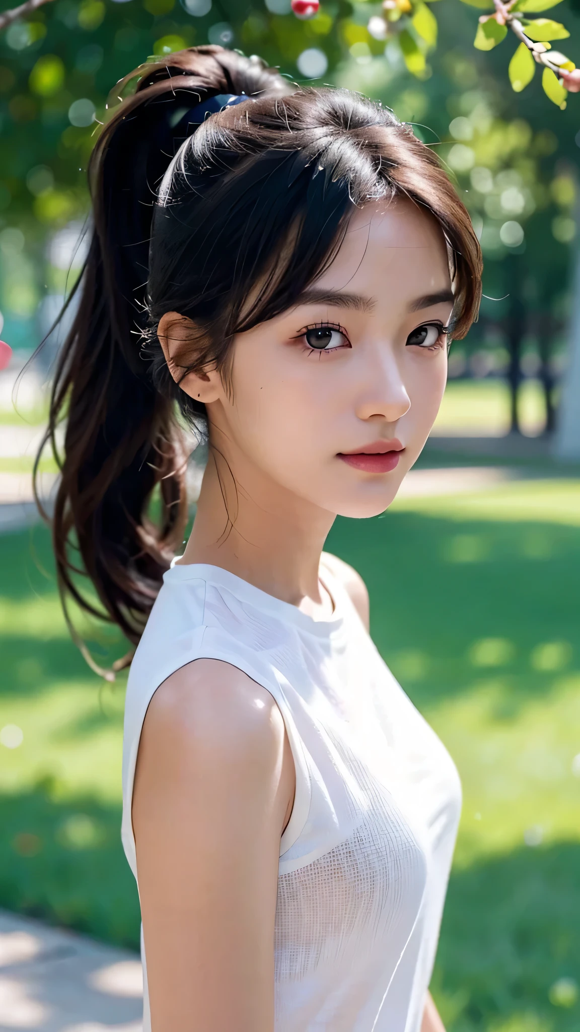 White shirt,jeans,outdoors,Urban Park,On the lawn,One woman,close up face,fully body photo,masutepiece, The highest image quality, High quality, the background is clear,Beautiful woman, Japanese, Detailed, Ultra-detailed, finely detail, hight resolution, 8K Wallpaper, Perfect dynamic composition, Beautiful detailed eyes ,Detailed eyes, Detailed skin, Beautiful skin, 超hight resolution, (reality: 1.4),Very beautiful woman, Slightly younger face, Beautiful skin, slender, (Ultra photo realsisim), (hight resolution), (8K), (Very detailed) (beautifully detailed eyes), (super detailed), (Detailed face), view the viewer, Fine details, Detailed face, Staring straight ahead, Staring straight ahead, photos realistic, Bright lighting, Professional Lighting, Black hair,poneyTail,a baby face,sixteen years old,Hairstyle: ponytail,Long ponytail hairstyle,slight smile,