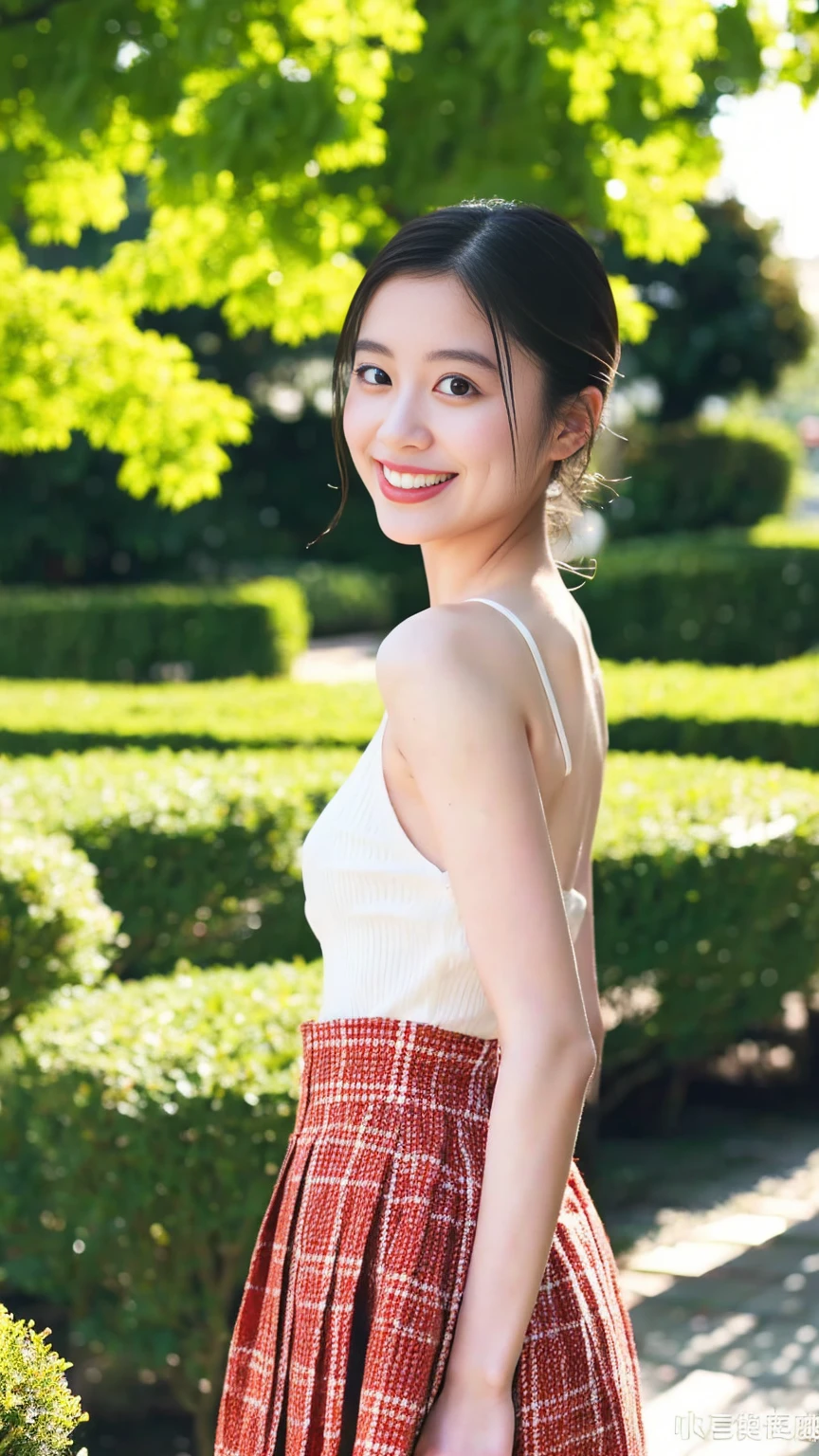 Very beautiful Japanese women、cute:1.5,21 years old、Big eyes、Attractive eyes、university student、topless:2.0,Nipples are visible:2.0,White pleated skirt:1.5、topless:2.0,small,Sunny day in the university gardens、Are standing、Looking into the camera:1.5、Smile 1.3、healthy、White skin、light makeup、whole body、small乳首、