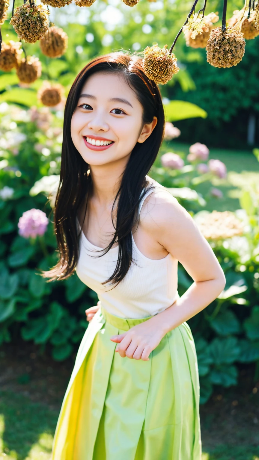 Very beautiful Japanese women、cute:1.5,21 years old、Big eyes、Attractive eyes、university student、topless:2.0,Nipples are visible:2.0,White pleated skirt:1.5、topless:2.0,small,Sunny day in the university gardens、Are standing、Looking into the camera:1.5、Smile 1.3、healthy、White skin、light makeup、whole body、small乳首、