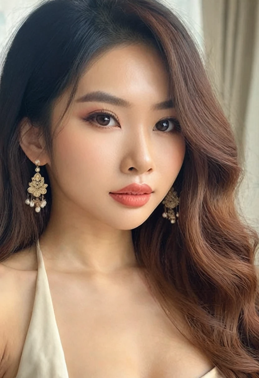 (((high quality:1.2))), Work of art, (8k), extremely detailed, ((High detail:1.2)) ((best resolution)), (Hotlexi woman), Solo, 24 year old Vietnamese female, (dress strapless), (fix his hand to be anatomically correct), (extremely beautiful face:1.24), (long wavy hair), (Photo /medium:1.2)/,