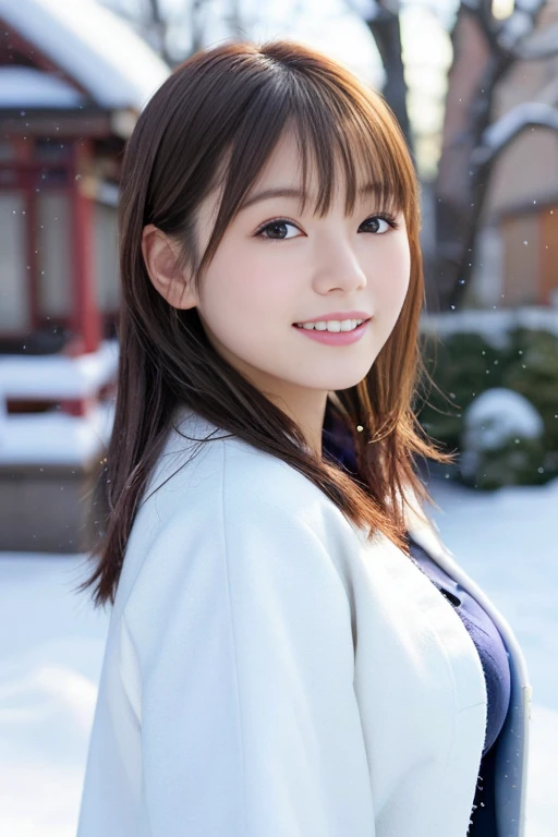 realistic pictures (1 Cute Japanese gravure idol) shoulder length hair, light makeup, big breasts, wearing a coat, in the snow, clear facial features, 8K high resolution, sharp and realistic details.from outside, eye level shot, f/4.0, 135mm, fujifilm, jpeg artifact, dithering, UHD, masterpiece
