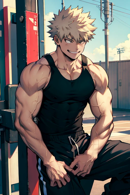 Katsuki Bakugo from Boku No Hero Academia, wearing black gym pants and black tank top, smug smile, bodybuilder, defined body, abs, big muscles