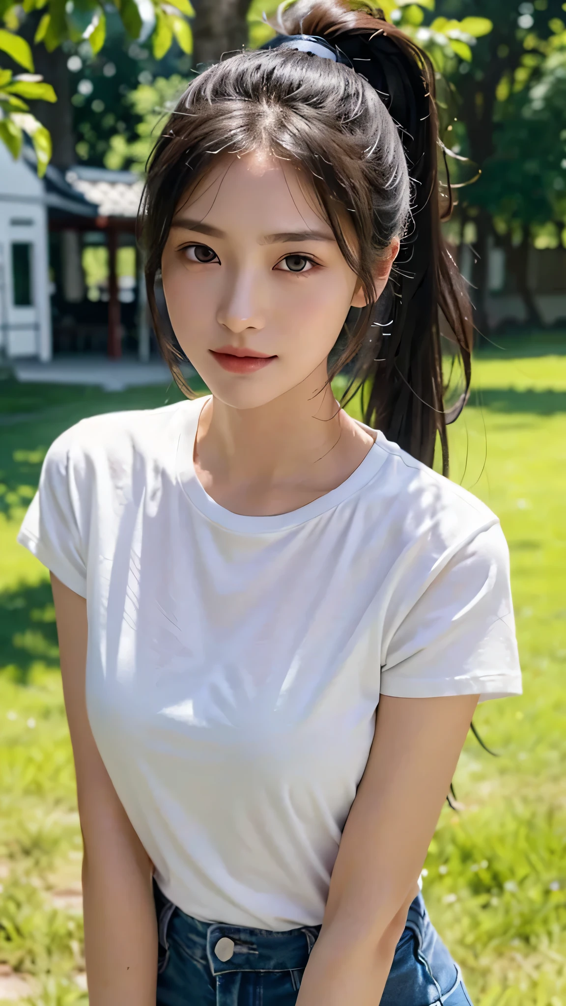 White shirt,jeans,outdoors,Urban Park,On the lawn,One woman,close up face,fully body photo,masutepiece, The highest image quality, High quality, the background is clear，Beautiful woman, Japanese, Detailed, Ultra-detailed, finely detail, hight resolution, 8K Wallpaper, Perfect dynamic composition, Beautiful detailed eyes ,Detailed eyes, Detailed skin, Beautiful skin, 超hight resolution, (reality: 1.4),Very beautiful woman, Slightly younger face, Beautiful skin, slender, (Ultra photo realsisim), (hight resolution), (8K), (Very detailed) (beautifully detailed eyes), (super detailed),   (Detailed face), view the viewer, Fine details, Detailed face, Staring straight ahead, Staring straight ahead, photos realistic, Bright lighting, Professional Lighting, Black hair,poneyTail,a baby face,sixteen years old,Hairstyle: ponytail,Long ponytail hairstyle,slight smile,