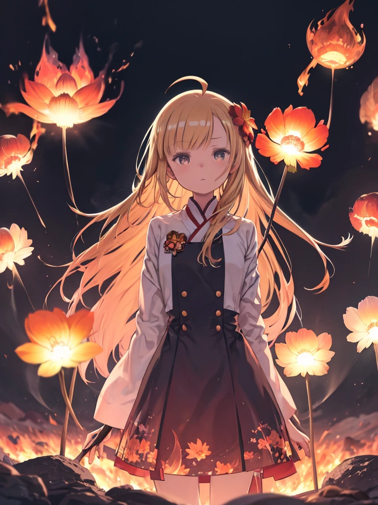 One girl, bangs, fireを吐く, combustion, Burnt clothes, 残りfire, Ahoge, Beige Hair, Multicolored Hair, fire, inflammation, inflammationの剣, (Put your hand on the handle), Are standing, Long Hair, Pyrokinesis, Expressionless, cigarette, flower(symbol), alone, 光のfireflower, sunset, Twilight, 枝のflower, lava, Yuri (flower), fiery flower, Depth of written boundary, combustion ,