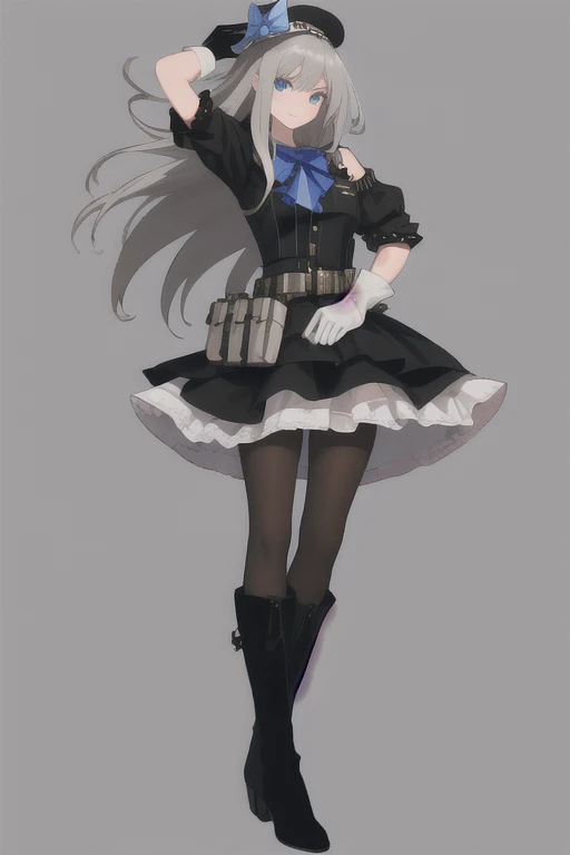 ((Best quality))), ((Ultra-detailed)), ((illustration)), ((Disheveled hair)), ((frilld)), (1 girl), (Solo),1girl, gun, handgun, hat, holding, holding_gun, looking_at_viewer, solo, weapon, rating:safe, adjusting_clothes, adjusting_hat, adjusting_headwear, black_footwear, black_gloves, black_hat, black_headwear, black_legwear, black_pantyhose, blue_bow, boots, bow, clothing, dress, female, female_only, footwear, frills, gloves, headwear, holding_weapon, knee_boots, legwear, long_hair, makaria, pantyhose, pistol, pointing, pointing_at_viewer, pouch, olo, standing,
gray_hair, blue_eyes,