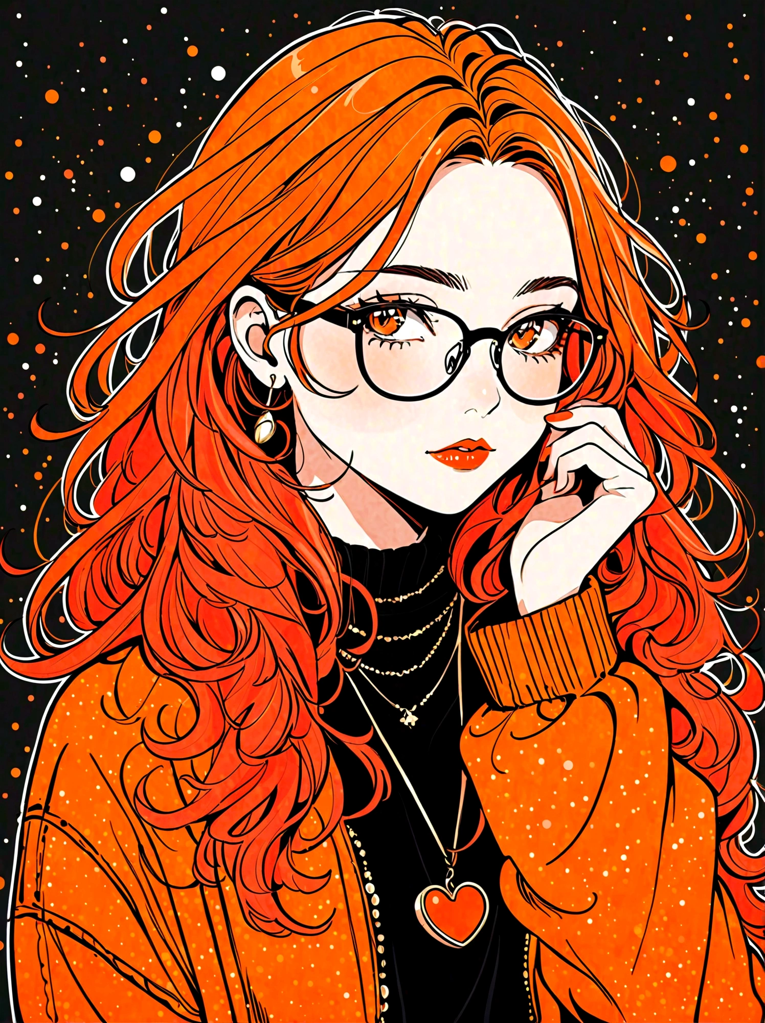 (masterpiece, best quality:1.2), Cartoon hand drawn, 1girl, solo, wear glasses, Rouge, messy hair, The color palette is in red, orange and black tones and has a sketchy style. The background should have a simple hand-drawn doodle pattern, 1shxx1