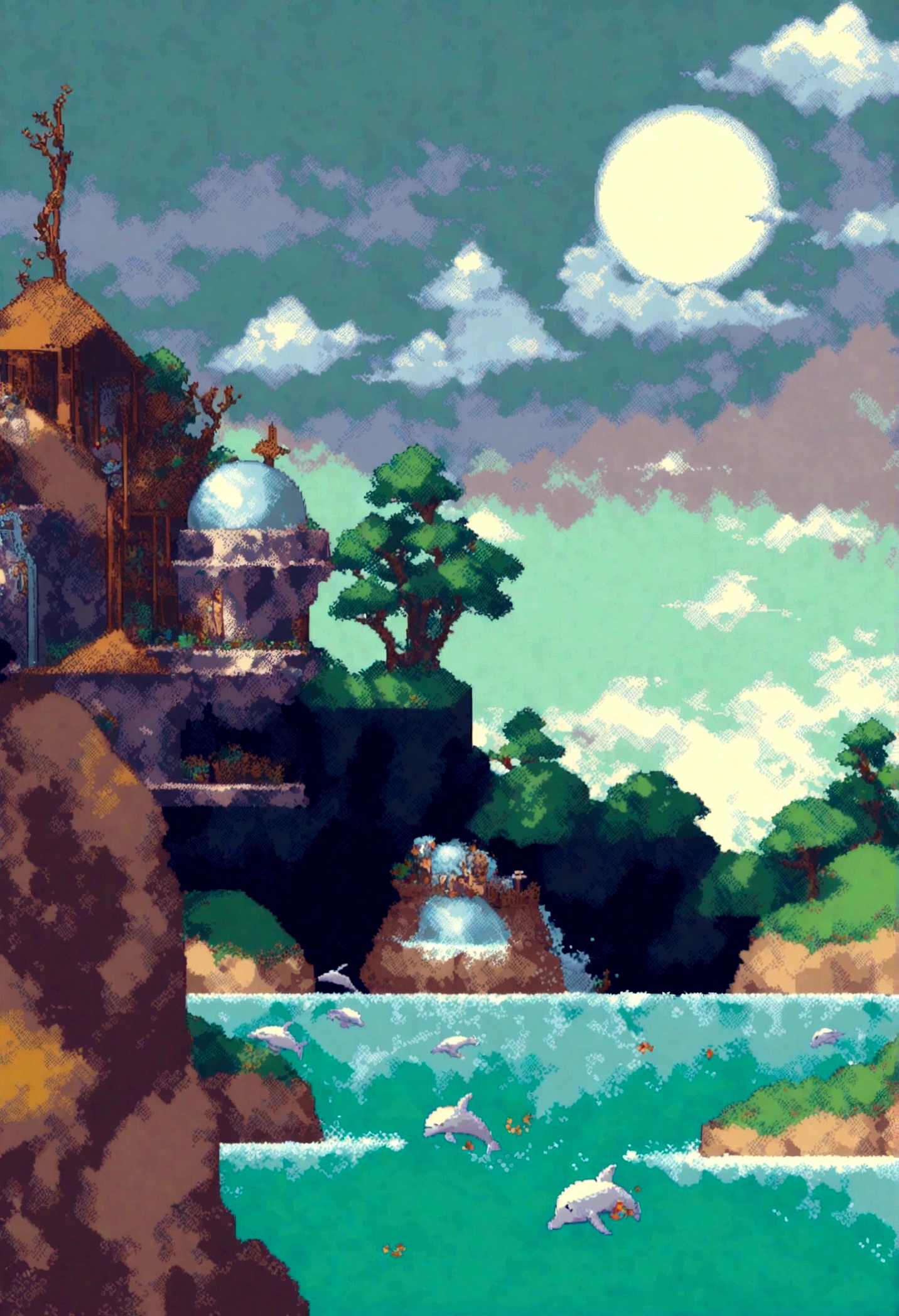 Pixel art of a huge moon rising on the calm sea, beautiful detailed pixel art, detailed pixel art, lo-fi retro videogame, concept pixelart, detailed pixel artwork, Pixel art style, pixel town, pixel art animation, high quality pixel art, Dolphins leap from the surface of the sea, super detailed color lowpoly art, #pixelart:3, # pixelart, #pixelart