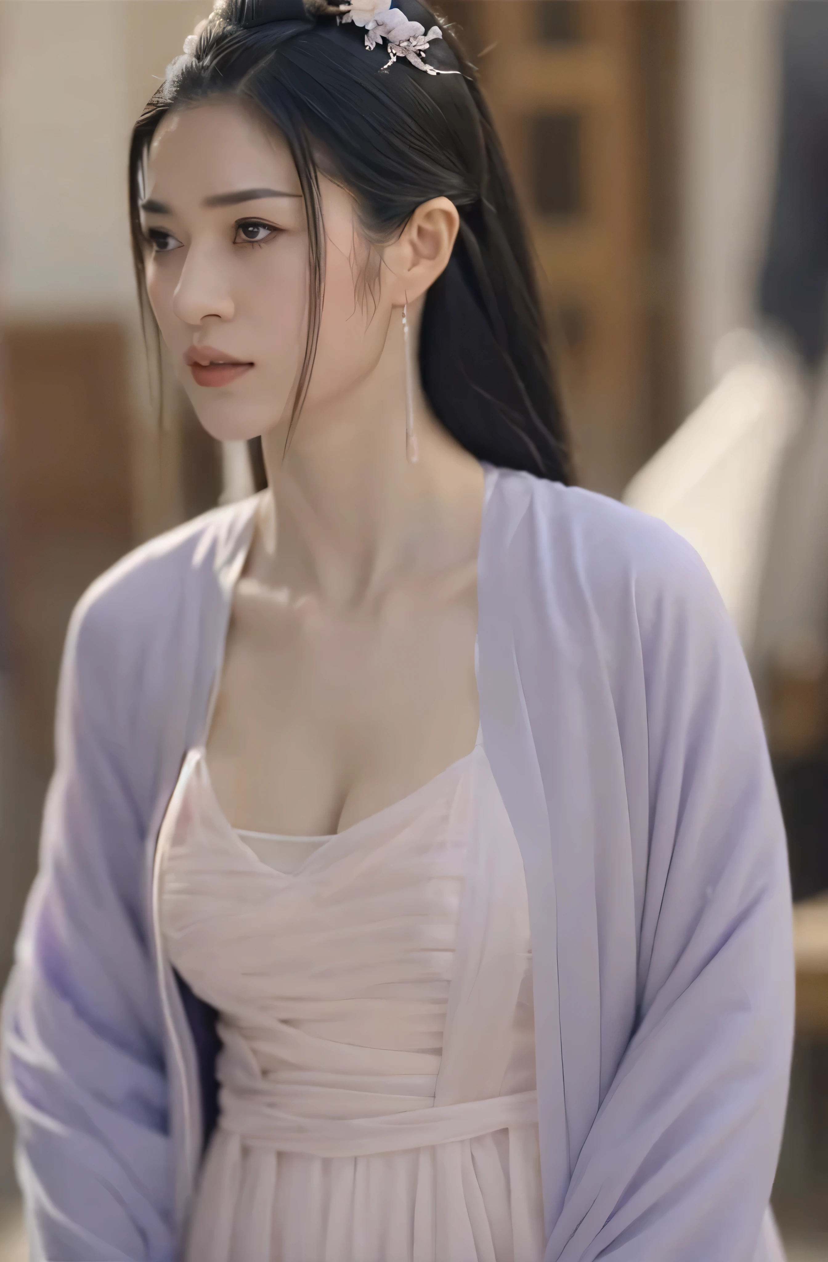 A beautiful woman，alone，Full breasts，Wearing a lavender silk dress