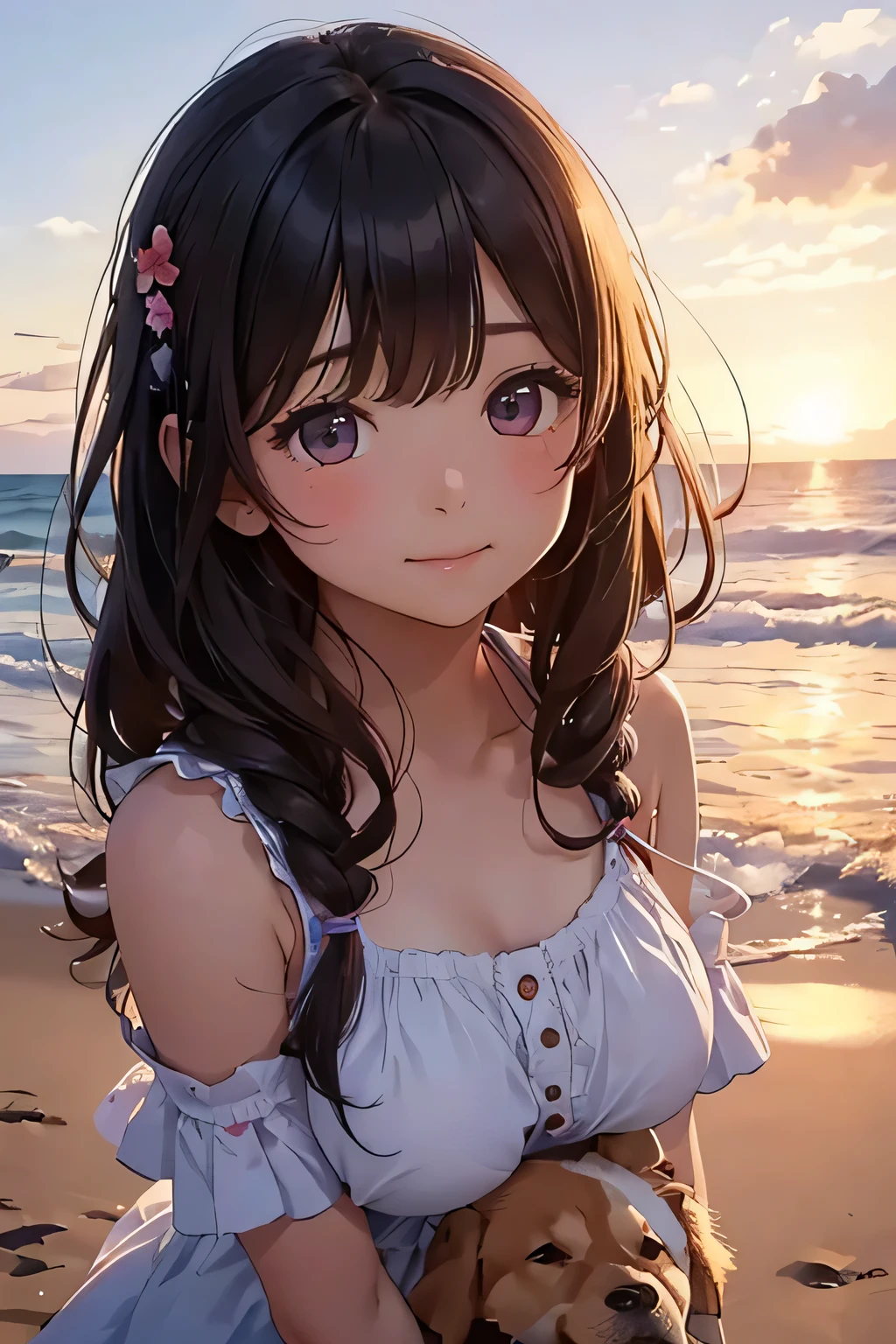 highest quality、High resolution、Detailed Background、(Detailed eyes:1.2)、Teenage beauty、(Highly detailed face:1.4)、(Huge breasts:1.1)、Cute hair color、Cute hairstyle、
At dusk、A young girl is seen taking a walk with her dog, who plays on the beach.。Looking up at the red sky、The sight of her happily running around with her dog、It truly represents the comfort of summer.。
These、A girl enjoying summer in nature、Innocent and adorable、It makes me feel the coming of summer.。An innocent smile、Full of concentration、Relaxed Rest、And fun times with dogs。Truly a summer experience、A lovely view unfolds。