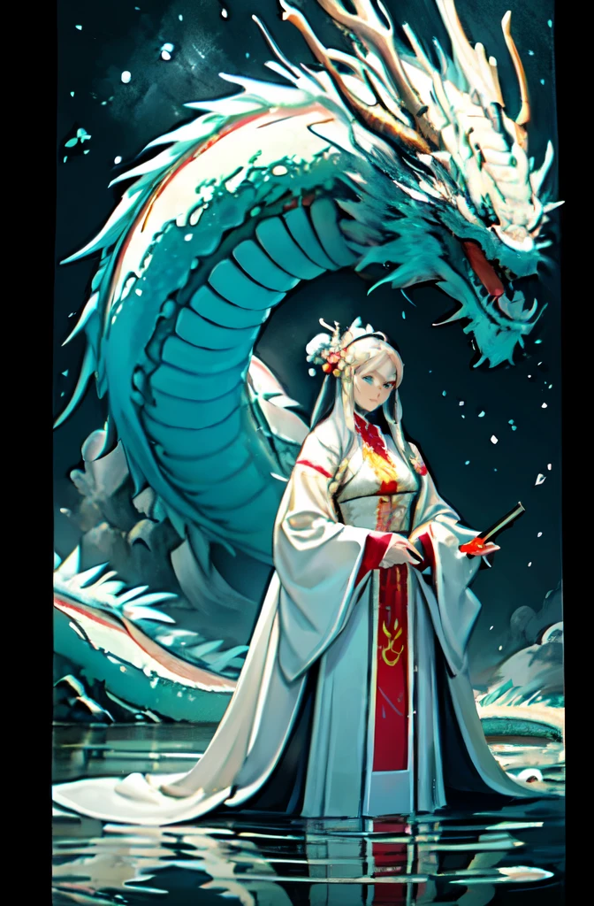 masterpiece,best quality,ultra-detailed,8k,high resolution,A 30-year-old woman,((Behind him is a big white Chinese dragon)),A woman has no horns on her head,(clergyman),(White costume),Calm look,Silk clothing,White Robe,Standing in the center of the picture,Standing posture,thunder,moonlight,The scales are clearly visible
