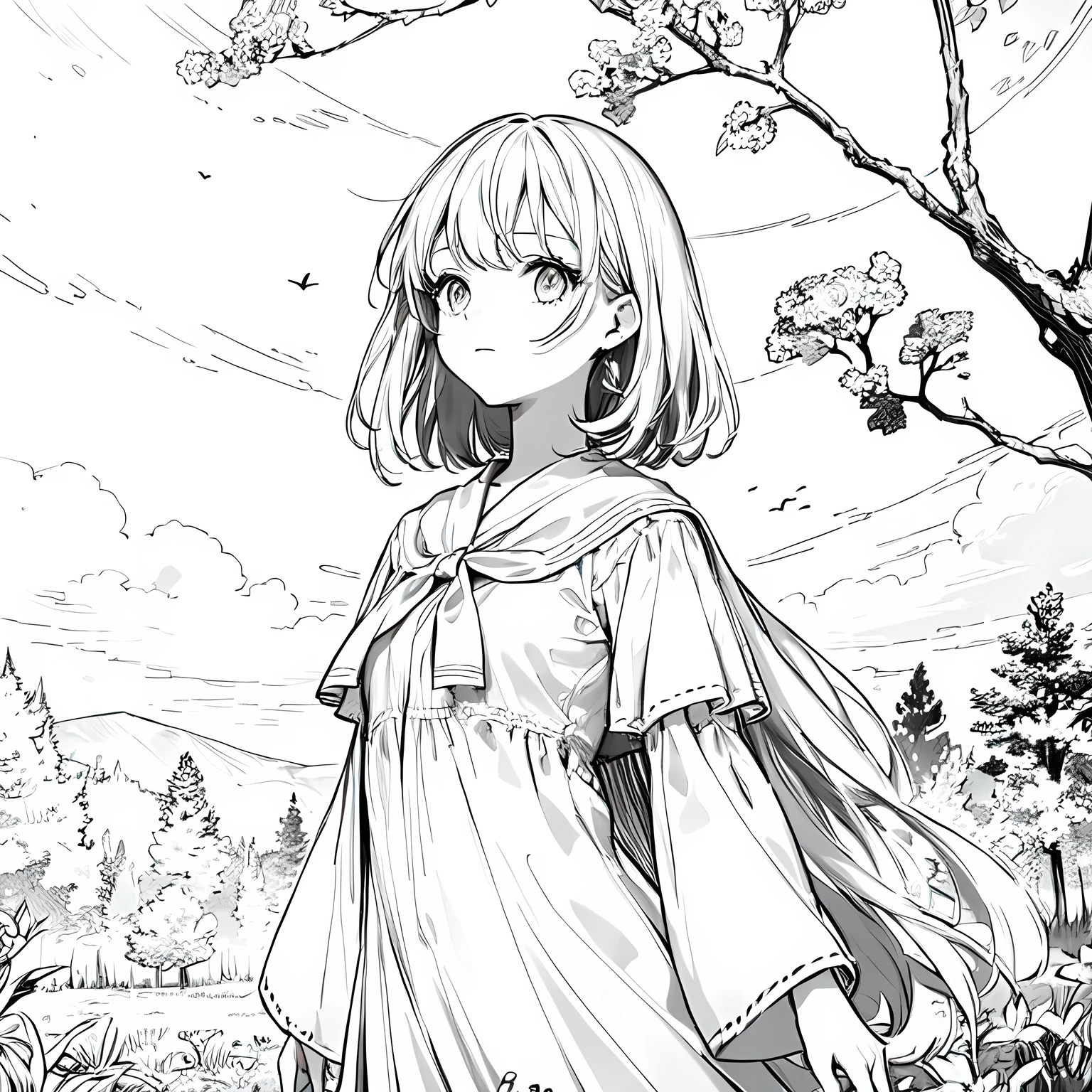 Line art background, background, Monochrome, Line art, ((sketch)),Highest , 2. Colorinochrome、 quality,masterpiece,monochrome,Lineart,single color,Create a detailed coloring page,（masterpiece）、(highest quality)、Forest bathing、One Girl、grassland、Looking up from below