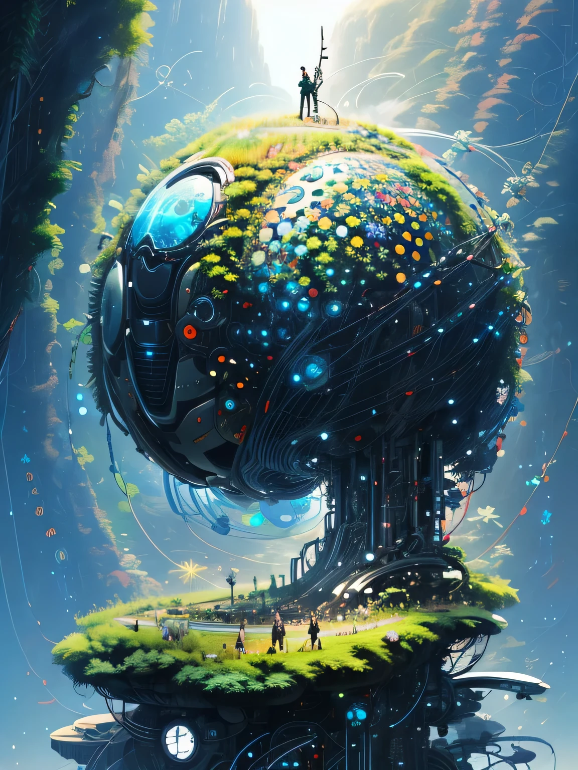artistic and creative utopian world where humans living in harmony and peace with flora and fauna, Artificial Intelligence and the Singularity Imagination, Intricate and detailed, maximalist, Perfect flow of energy, Futuristic, utopian, Very detailed, futurepunk, amazing depth, A very detailed masterpiece by the Head of Prompto Engineering