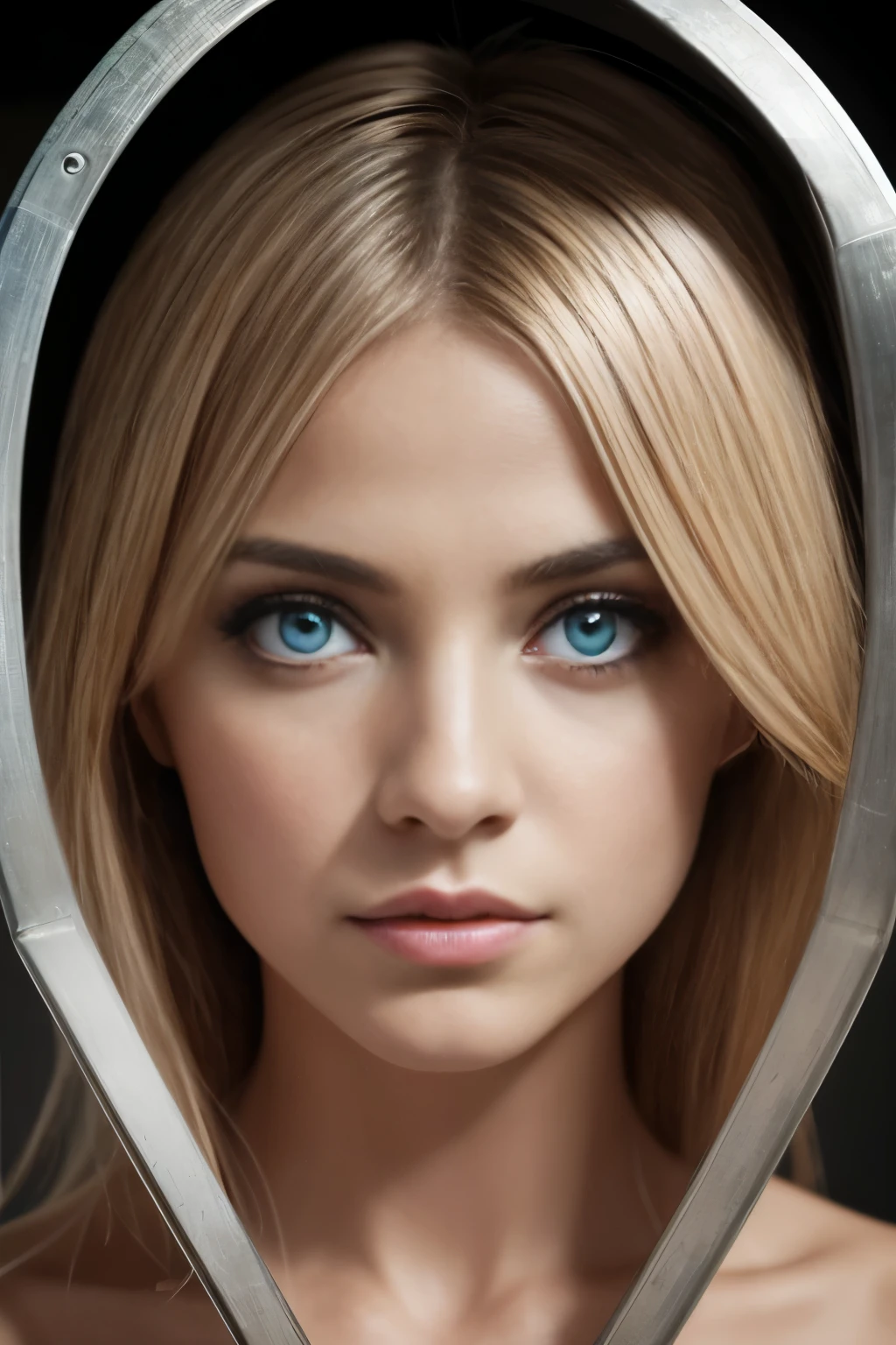 A girl with detailed eyes in a ((metal tunnel illuminated by a light)), no estilo de camadas superficiais texturizadas, tecido/Perfurada, ceramic, data visualization, curvas suaves, formas circulares, Minimalismo urbano,cowboy shot,  topless, best quality, master part, Altas, absurdos, incrivelmente absurdos, tamanho de arquivo enorme, papel de parede, colorido,8k,Foto RAW, NFSW