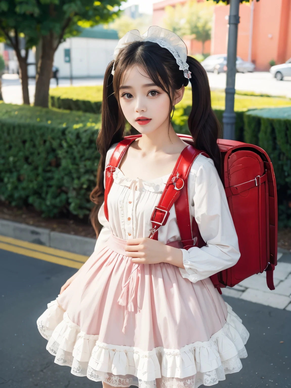 (highest quality、masterpiece、8K、best image quality、hyper realism、Award-winning work)、(solo:1.1)、(1 photo:1.1)、(Feminine and girly cute light pink frilly ****ta dress:1.2)、(Perfect straight twin tails:1.2)、(low length:1.1)、(Height: 160cm:1.1)、small breasts、emphasize body line、slender body、Standing gracefull、Full body photo of a woman standing gracefully、accurate anatomy、perfect makeup、long eyelashes、glossy lips、Ultra high definition glossy skin、(Ultra-high definition bright and beautiful skin:1.1)、Ultra-high definition glossy lips、Super high definition beautiful teeth, wearing red backpack, (red backpack:1.2), ****ta dress, cute dress, outdoor, standing,