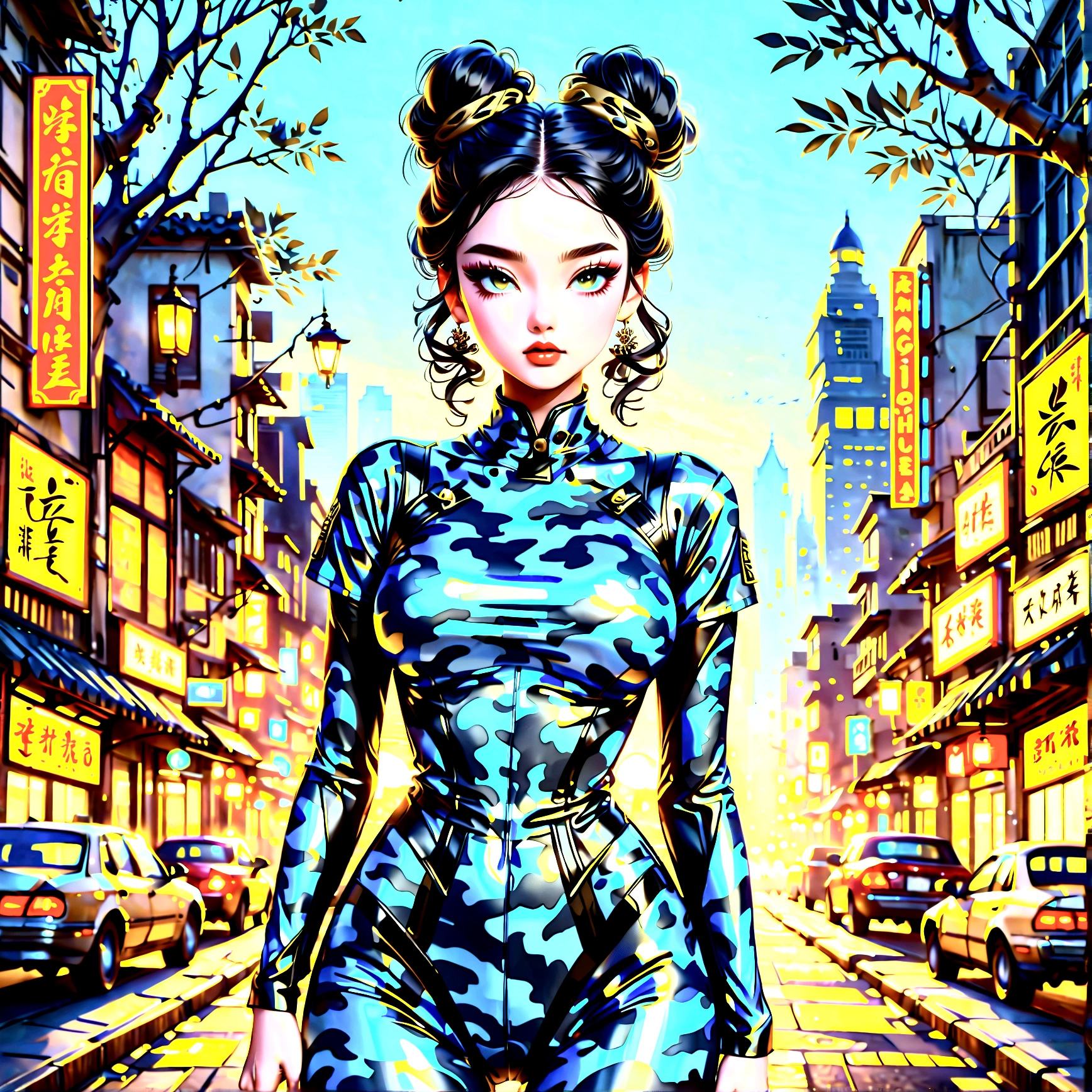 (Full Body Portrait:1.4)、Beautiful Asian Woman、Master of the art of love、Immortal、、Big Breasts、(Black Hair＿all back_Double bun hairstyle:1.4)、(Wearing a night camo latex bodysuit、Night Camo Makeup:1.6)、Highly detailed assault rifle in hand、Late Night、midnight、In front of a night cityscape lined with skyscrapers、Dark Background、(highest quality、4k、8k、High resolution、masterpiece:1.2)、Super detailed、(Real、Photorealistic、Photorealistic:1.37)、Detailed eyes、Detailed lips、Highly detailed face、Long eyelashes、Cinematic lighting、Dramatic atmosphere、Intricate details、new chinese style