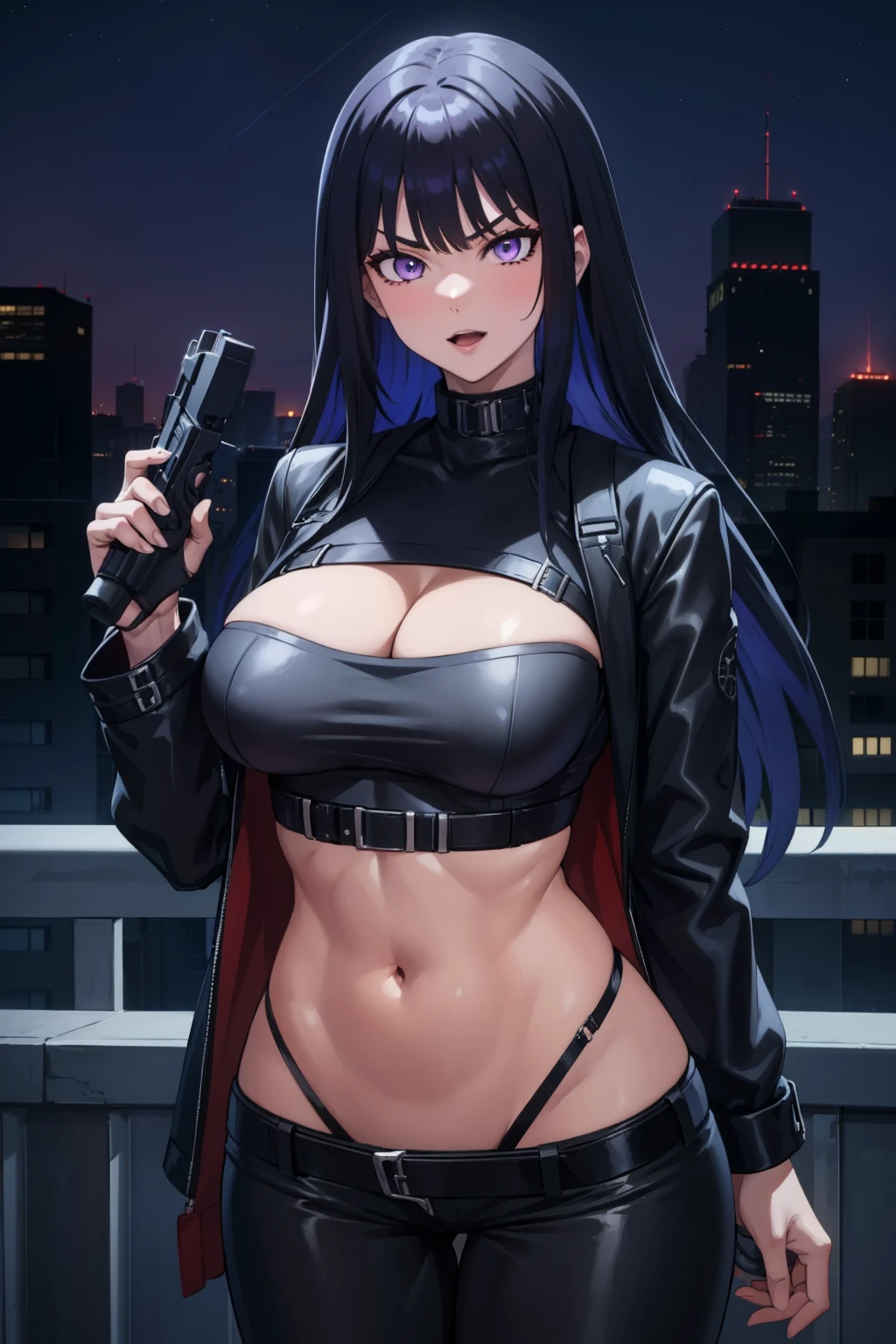 Siska, solo, long hair, blue eyes, black hair, hair ornament,  hairclip, mole, blush, lipstick, outdoors, rooftop, cityscape, building, railing, night, night sky, scenery, city lights, fur trim, mature female, gloves, fur-trimmed coat, masterpiece, best quality, highly detailed, a girls with a gun, open mouth, blazer, sexy gaze, (nsfw) not
safe for work, badass pose , evil smile, smile, black bra, anime girl with long hair, long haired girl,
navel, evil expression, exposed belly, exposed navel, exposed midriff, exposed lower belly, micro
miniskirt, micro pencil skirt, pencil skirt ,holding a gun, 