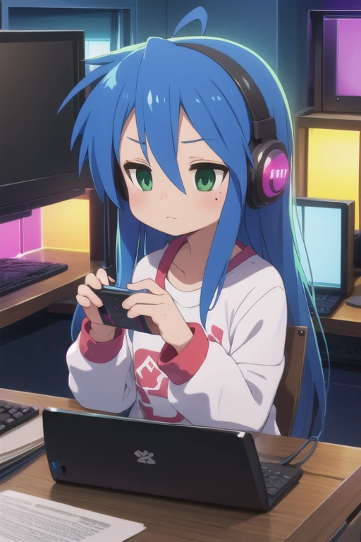 konata izumi Long blue hair, green eyes, girl, small, cute, big shirt, computer, gaming, rgb lights, headphones