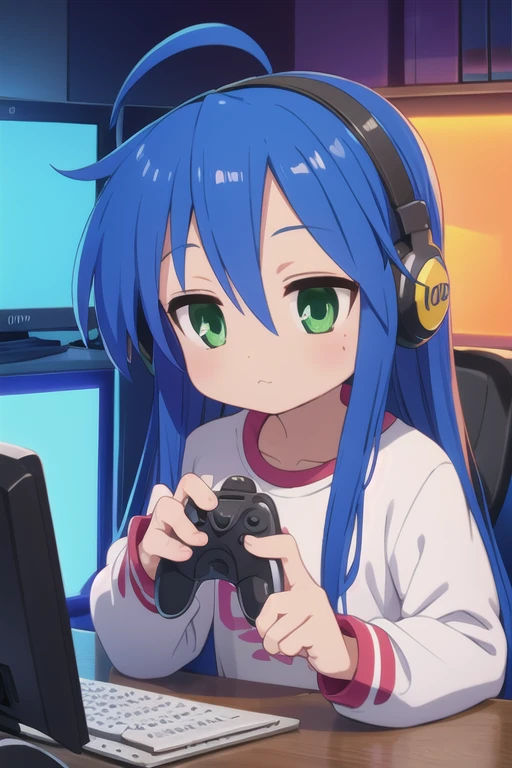 konata izumi Long blue hair, green eyes, girl, small, cute, big shirt, computer, gaming, rgb lights, headphones