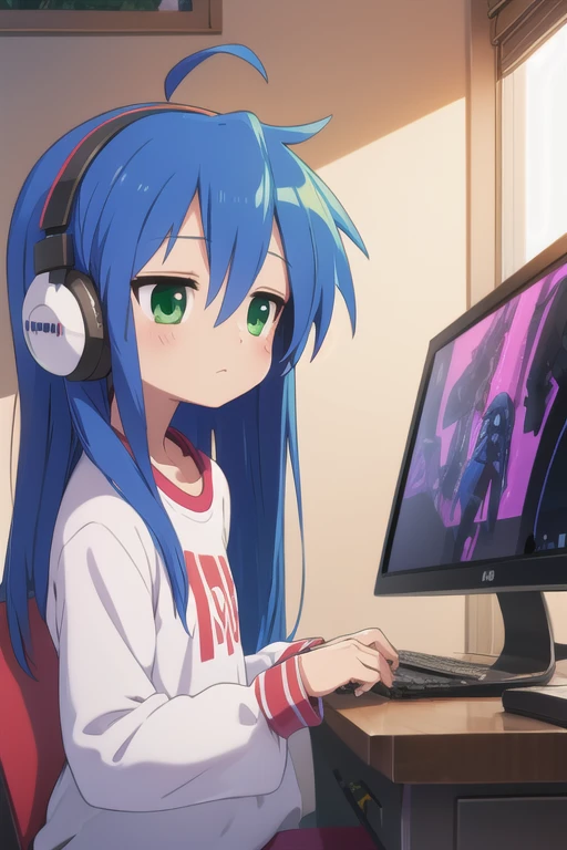 konata izumi Long blue hair, green eyes, girl, small, cute, big shirt, computer, gaming, rgb lights, headphones