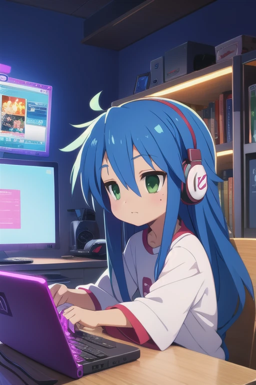 konata izumi Long blue hair, green eyes, girl, small, cute, big shirt, computer, gaming, rgb lights, headphones