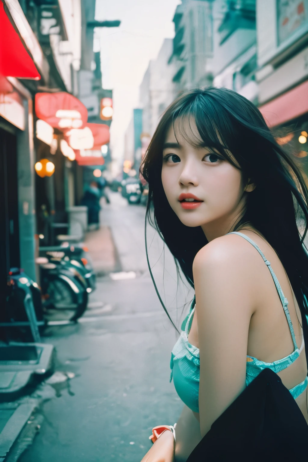 Photos of beautiful Korean kpop idol women, summer, vigorous, film grain, Ilford HP5, 80mm　shanghai