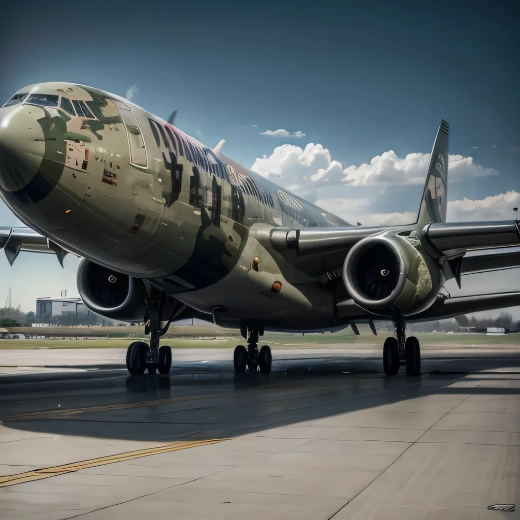 raw photo , 8K, ultra detailed, (realistic:1.2), (camouflage painting transport big airplane:1.5), (flying:1.5)
