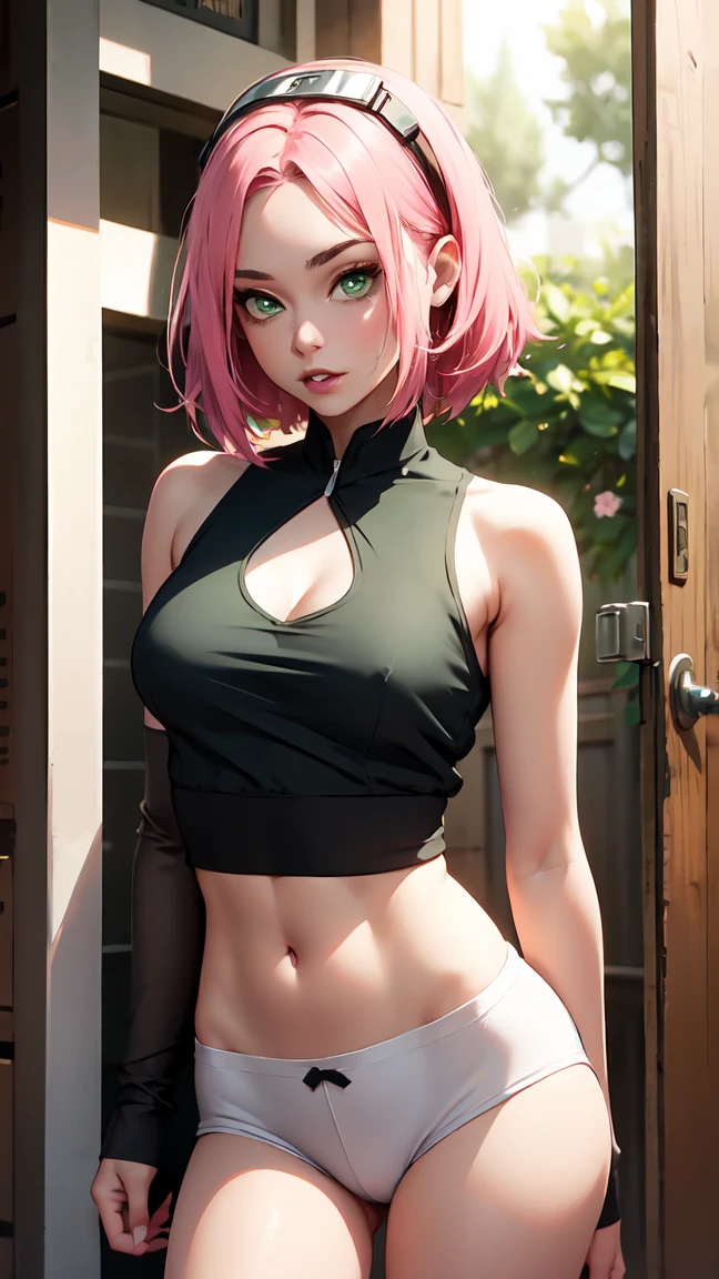 young woman, short shoulder-length pink hair, wide forehead, porcelain skin, pink eyebrows, big emerald green eyes, buttoned nose, full lips, heart-shaped face, slender body, small breasts, red tank top, Sakura Haruno , realistic, realism, details, 3d, well detailed
