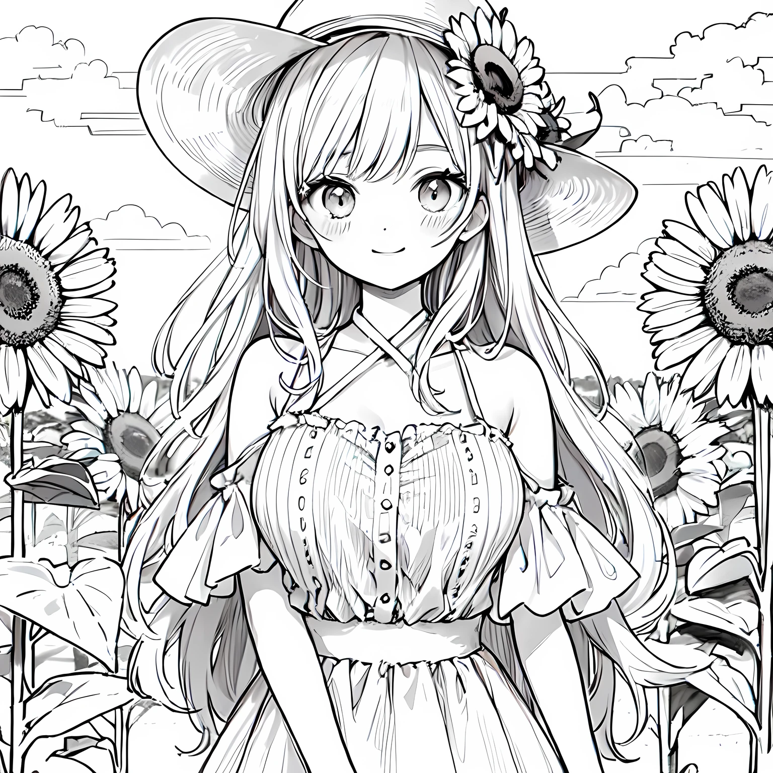 Monochrome Lineart sunflower hair ornament、Monochrome Lineart Sunflower Field、Line art background, background, Monochrome, Line art, ((sketch)),Highest , 2. Colorinochrome、 quality,masterpiece,monochrome,Lineart,single color,Create a detailed coloring page,（masterpiece）、(highest quality)、Beautiful breasts、smile、Coloring book