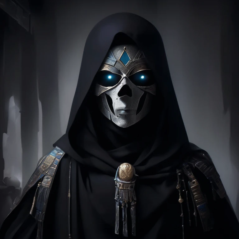 (best quality,highres,ultra-detailed:1.2),close-up of the face of a mummy,covered in bandages with golden hieroglyphics,detailed,golden and glowing eyes,vivid and intense colors,dark circles,realistic,graphic art,terror