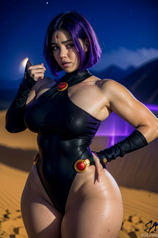 Ravens, 20 years old, purple strapless turtleneck bodysuit, exposed thighs, superhero woman, long gloves, gold headband, sexy pose, purple hair with bob cut, curvy athletic body, light eyes, look for camera, tender facial expression, face photo, romanticism, sandy desert, stones, night sky, moonlight, rays of light, sensual