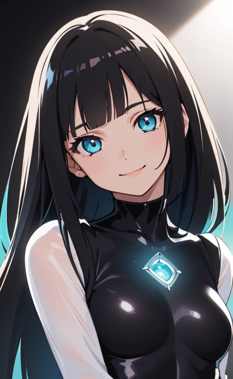 (Photorealistic:1.4)、(,20-year-old:1.5),(masterpiece、Blue lens flare:1.5、spot light:1.2、Exquisite beautiful eye:1.5,portlate),(kind eyes、tareme:1.9),()、Cute Face、 3D Face、(black hair:1.5)、(middle hair:1.5),(sidelock :1.5),(blunt bangs:1.3),(1 woman)、(aqua eyes:1.2)、(upper body:1.5)、(light smile:1.5)、(gradient eyes:1.2),(head tilt) ,(Cute face:1.2),(flat chest),(),kind face,(Bodysuit:1.5),(black background:1.5)、()、()、 Neat and clean、Adorable、Demure,Slim Body(),Shiny Hair、()、