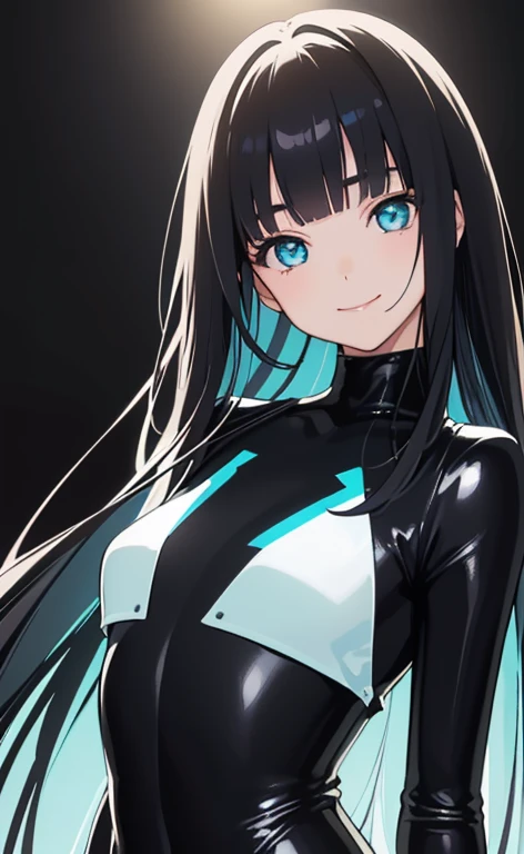 (Photorealistic:1.4)、(,20-year-old:1.5),(masterpiece、Blue lens flare:1.5、spot light:1.2、Exquisite beautiful eye:1.5,portlate),(kind eyes、tareme:1.9),()、Cute Face、 3D Face、(black hair:1.5)、(middle hair:1.5),(sidelock :1.5),(blunt bangs:1.3),(1 woman)、(aqua eyes:1.2)、(upper body:1.5)、(light smile:1.5)、(gradient eyes:1.2),(head tilt) ,(Cute face:1.2),(flat chest),(),kind face,(Bodysuit:1.5),(black background:1.5)、()、()、 Neat and clean、Adorable、Demure,Slim Body(),Shiny Hair、()、