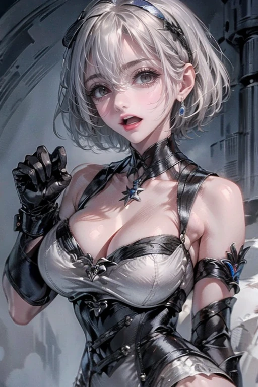 1girl,solo,cool,cleavage,bondage,upper body,brilliant eyes,silver hair and short hair,fang,open mouth,claw pose,perfect fingers