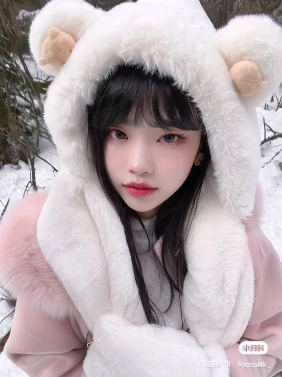  puffy Asian woman in a pink coat and white fur hood, Ulzzang, pale, snow-white skin, adorable and pale korean face, inspirado em Ma Yuanyu, lalisa manobal, Lalisa Manoban do Blackpink, na neve, sakimichan, frio como gelo! 🧊, ruan fofo vtuber, Shikamimi