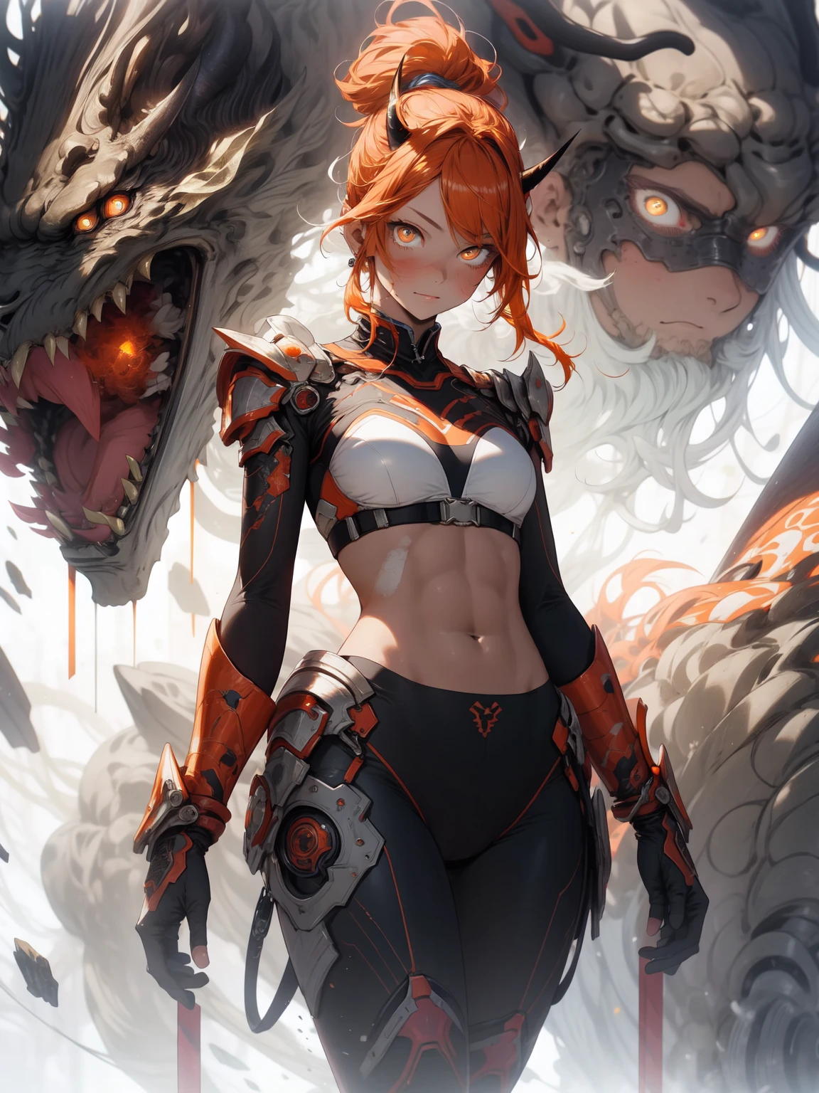 Be realistic,(masterpiece,highest quality,highest quality,Very detailed,Fractal Art,Most detailed,(Abstract background:1.5)(1 girl),Kamimei,(Orange ponytail),(orange eyes light、Permission、Toned Abs,Stunned),Abyss Stick、crystallization,bikini、High leg、Sexy、Orange Mechanical Armor、Sunburned skin、Demon Horn、There is a wound