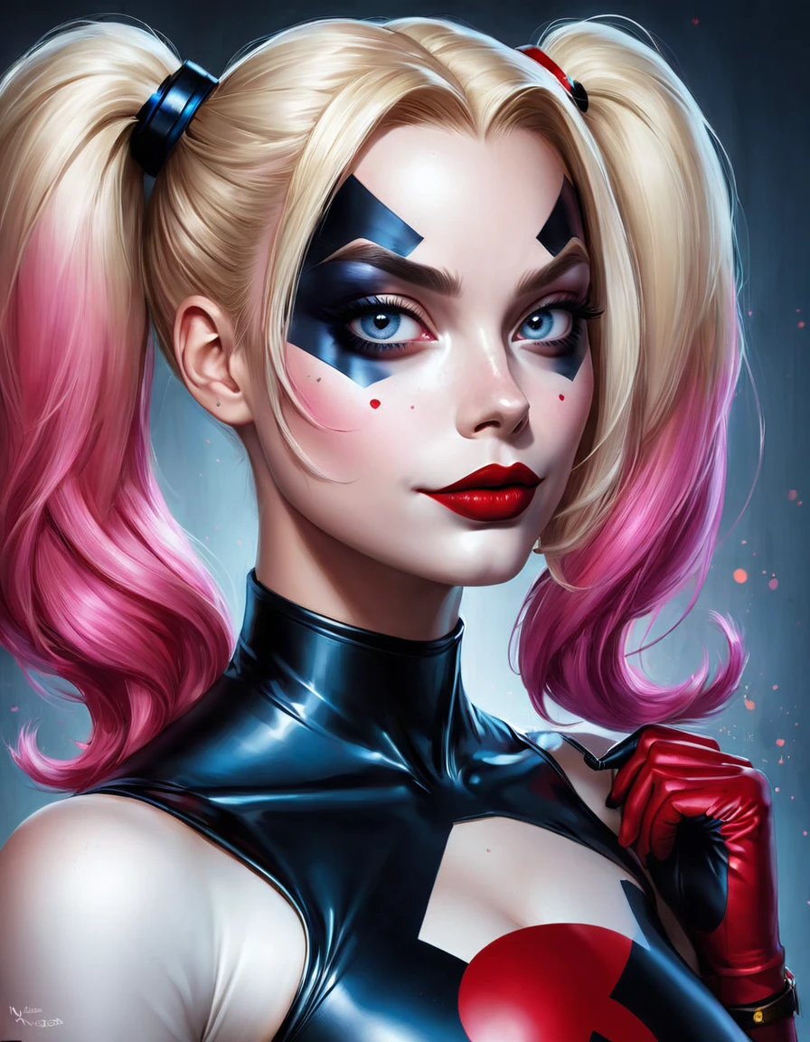 retrato de {Margot Robbie (Harley Quinn)}, Action {Sentado na cara SD1.5 (menina sentada}, pele macia e suave, grandes olhos sonhadores, bunda grande, vagina inchada, cabelo bonito, corpo todo, symmetrical, olhos arregalados de anime , soft lighting, rosto detalhado, por Makoto Shinkai, Stanley Artgerm Lau, uau, rossdraws, arte conceitual, pintura digital, looking at the camera