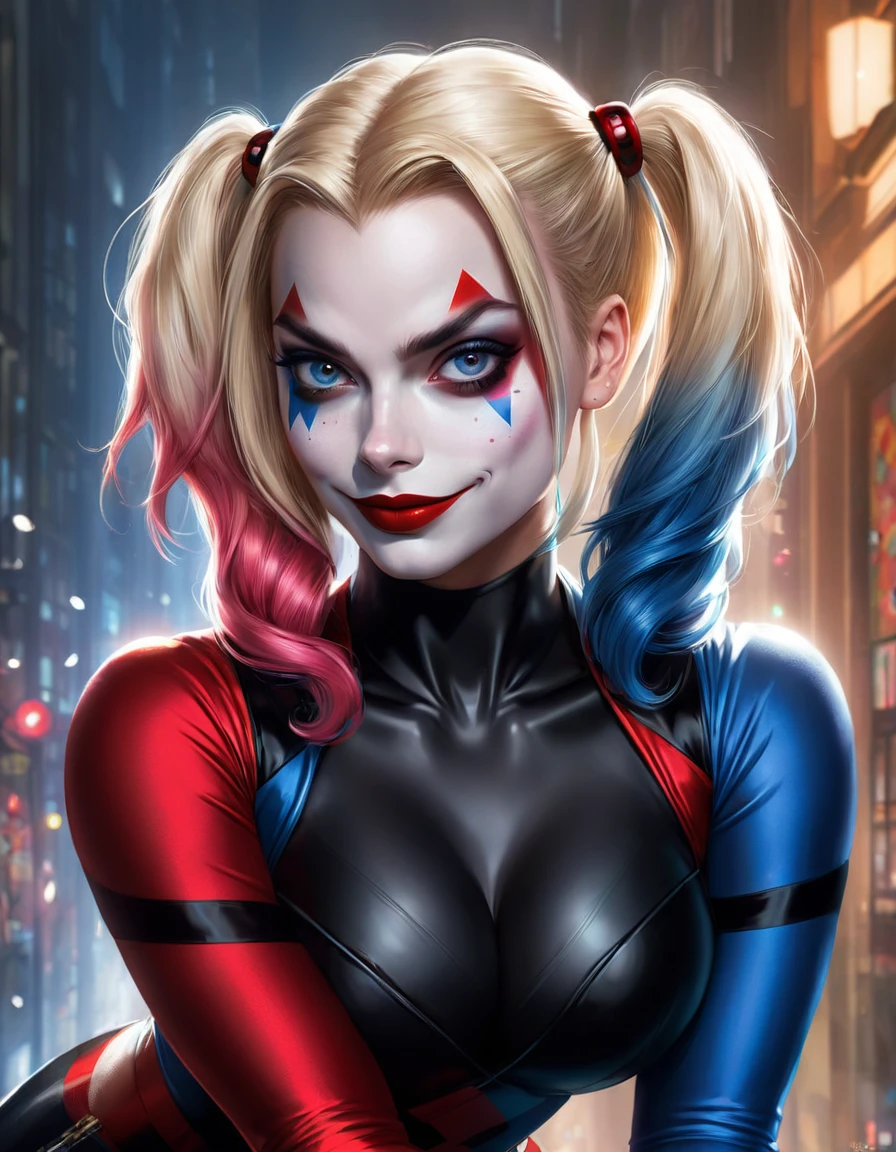 retrato de {Margot Robbie (Harley Quinn)}, Action {Sentado na cara SD1.5 (menina sentada}, pele macia e suave, grandes olhos sonhadores, bunda grande, vagina inchada, cabelo bonito, corpo todo, symmetrical, olhos arregalados de anime , soft lighting, rosto detalhado, por Makoto Shinkai, Stanley Artgerm Lau, uau, rossdraws, arte conceitual, pintura digital, looking at the camera
