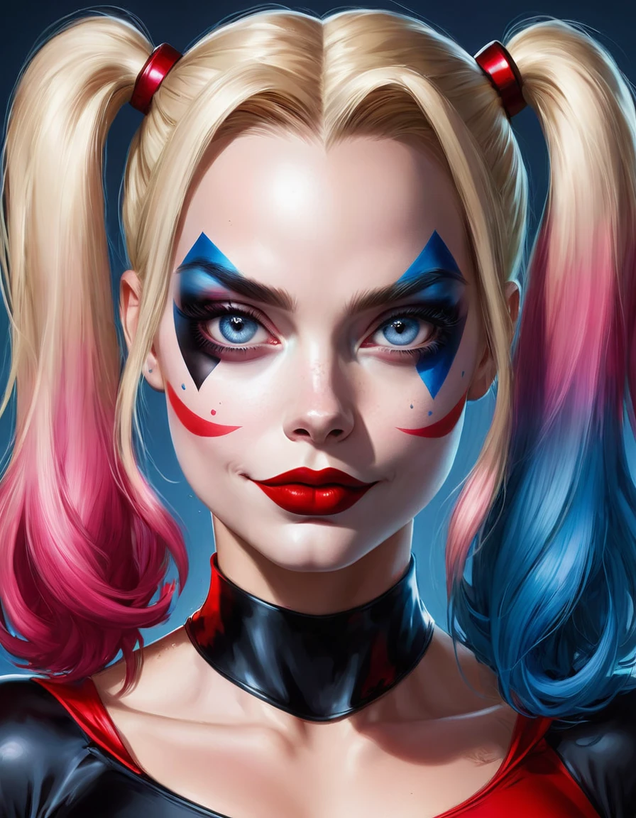 retrato de {Margot Robbie (Harley Quinn)}, Action {Sentado na cara SD1.5 ( sentada}, pele macia e suave, grandes olhos sonhadores, bunda grande, vagina inchada, cabelo bonito, corpo todo, symmetrical, olhos arregalados de anime , soft lighting, rosto detalhado, por Makoto Shinkai, Stanley Artgerm Lau, uau, rossdraws, arte conceitual, pintura digital, looking at the camera