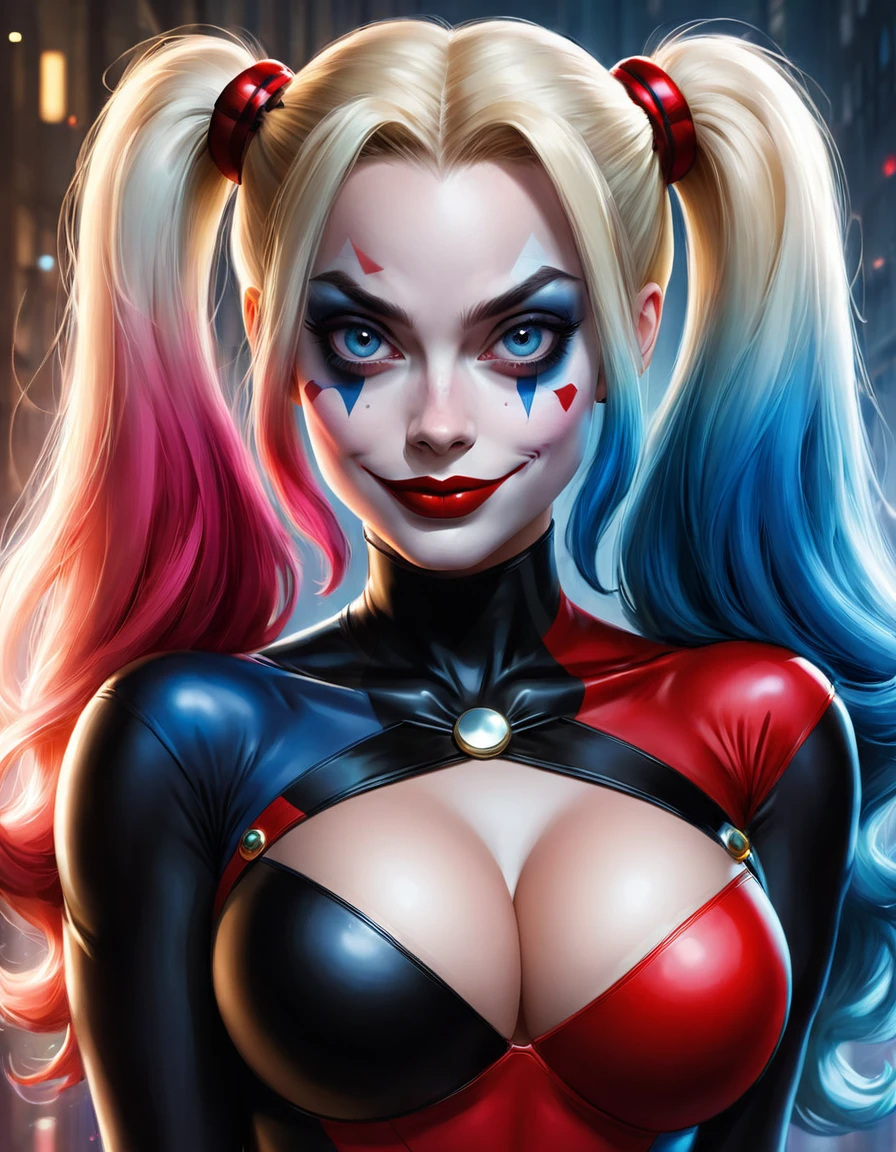 retrato de {Margot Robbie (Harley Quinn)}, Action {Sentado na cara SD1.5 ( sentada}, pele macia e suave, grandes olhos sonhadores, bunda grande, vagina inchada, cabelo bonito, corpo todo, symmetrical, olhos arregalados de anime , soft lighting, rosto detalhado, por Makoto Shinkai, Stanley Artgerm Lau, uau, rossdraws, arte conceitual, pintura digital, looking at the camera