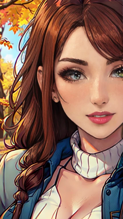 Masterpiece, raw, beautiful art, professional artist, 8k, art style by sciamano240, very detailed face, very detailed hair, (1girl), caressing each other, perfectly drawn body, beautiful face, long brown hair , very detailed light green eyes , rosey cheeks, intricate details in eyes, sultry smile, looking directly at viewer , happy expression, lipstick, very close up on face, wearing jacket ,sweater, sunny fall setting,