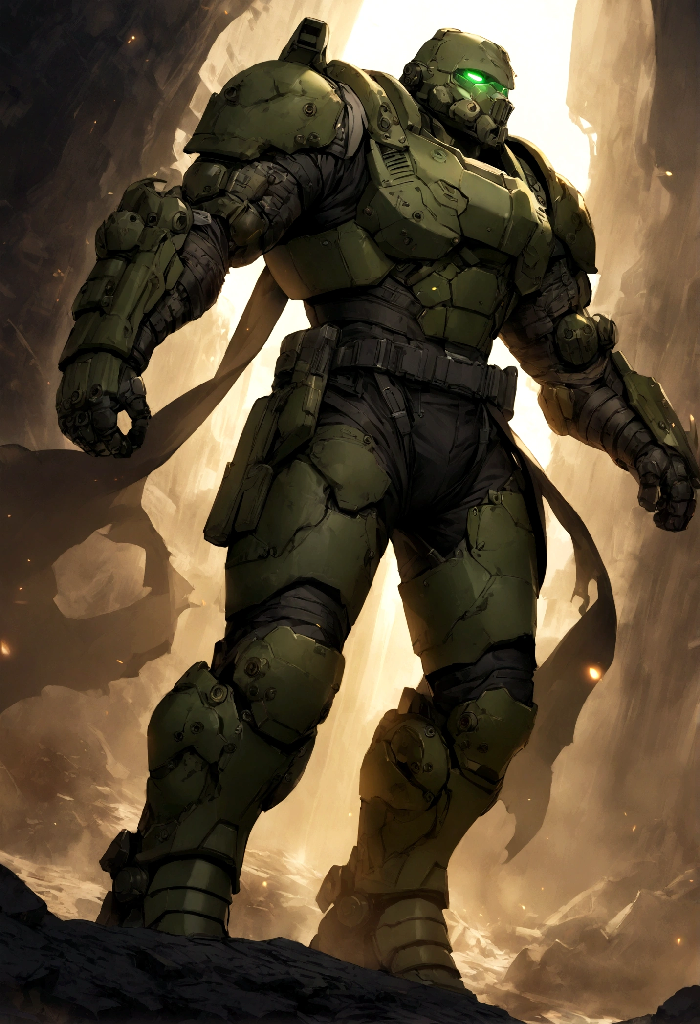 1boy,masked,muscular,strong rim light,moody lighting,armor,highres,rim light,by zoyu,by sedo,(doomguy,doom,doomslayer),